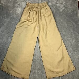 Nary Elastic and Ruffled High Waistband Lounge Pants Womens M Linen Blend Tan